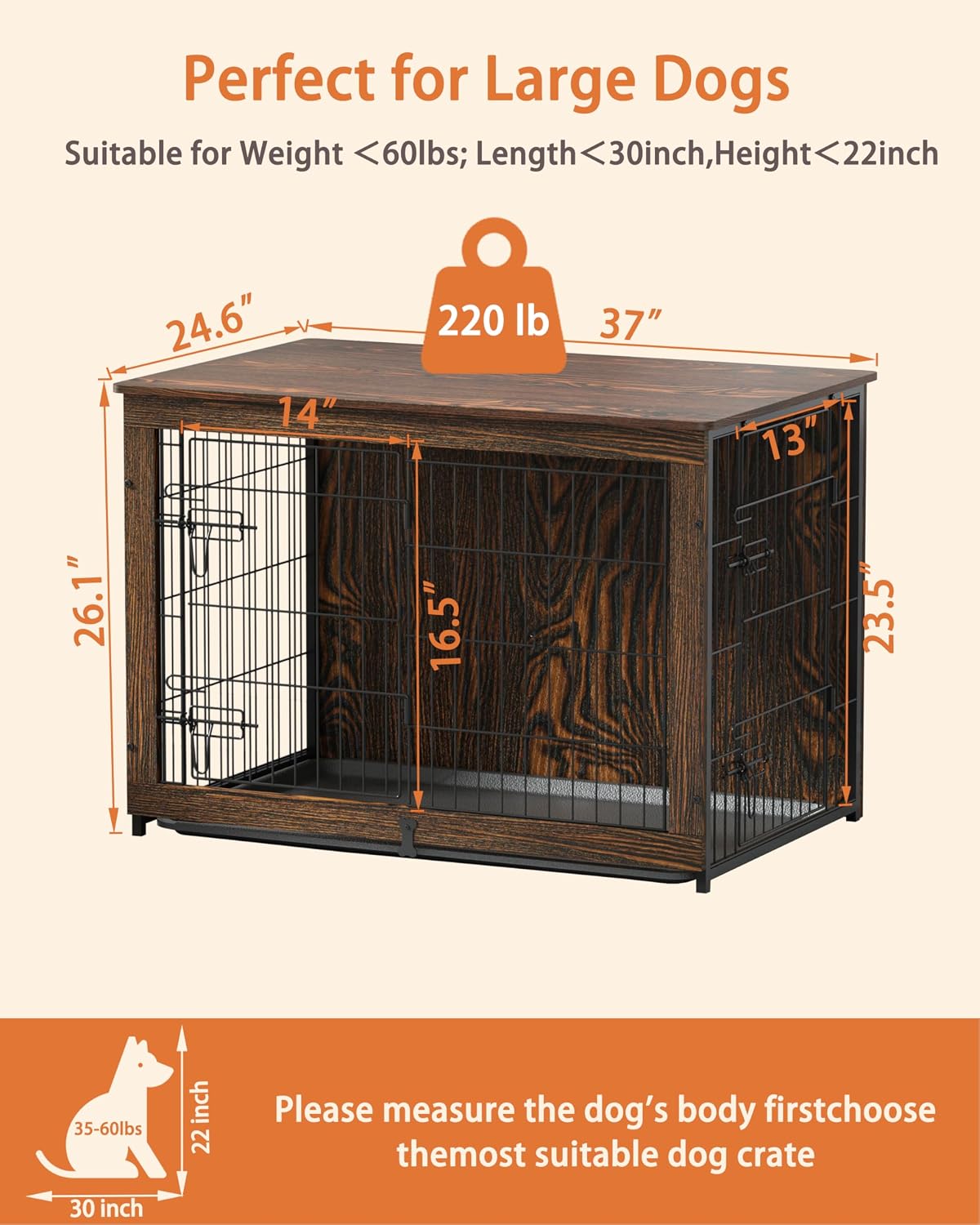 Megidok Wooden Dog Crate Furniture with Cushion, Dog Crate End Table with Tray, Double Doors Dog Crate Furniture Style, Decorative Dog Kennels Indoor (37' L*25' W*26' H, Rustic Style)