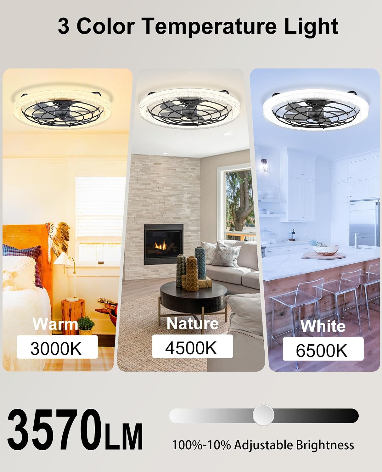 Smart Ceiling Fan with Light, Flush Mount Low Profile, Remote & App Control, 6 Speeds 30dB Quiet DC Motor, 3570 Lumens Dimmable LED, 3000K-6500K Color Options 24' Black