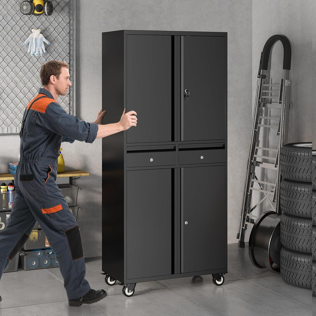 Metal Garage Storage Cabinet with 4 Wheels and 2 Drawers, 72' Heavy Duty Rolling Tool Storage Cabinet Organizer, Locking Doors and Adjustable Shelves for Garage, Workshop, Office, Warehouse