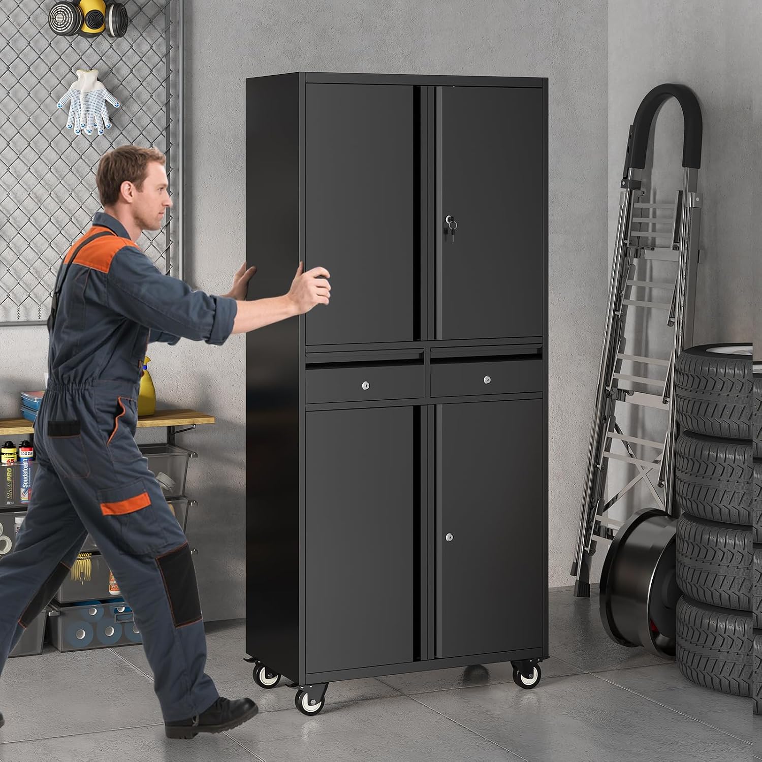 Metal Garage Storage Cabinet with 4 Wheels and 2 Drawers, 72' Heavy Duty Rolling Tool Storage Cabinet Organizer, Locking Doors and Adjustable Shelves for Garage, Workshop, Office, Warehouse