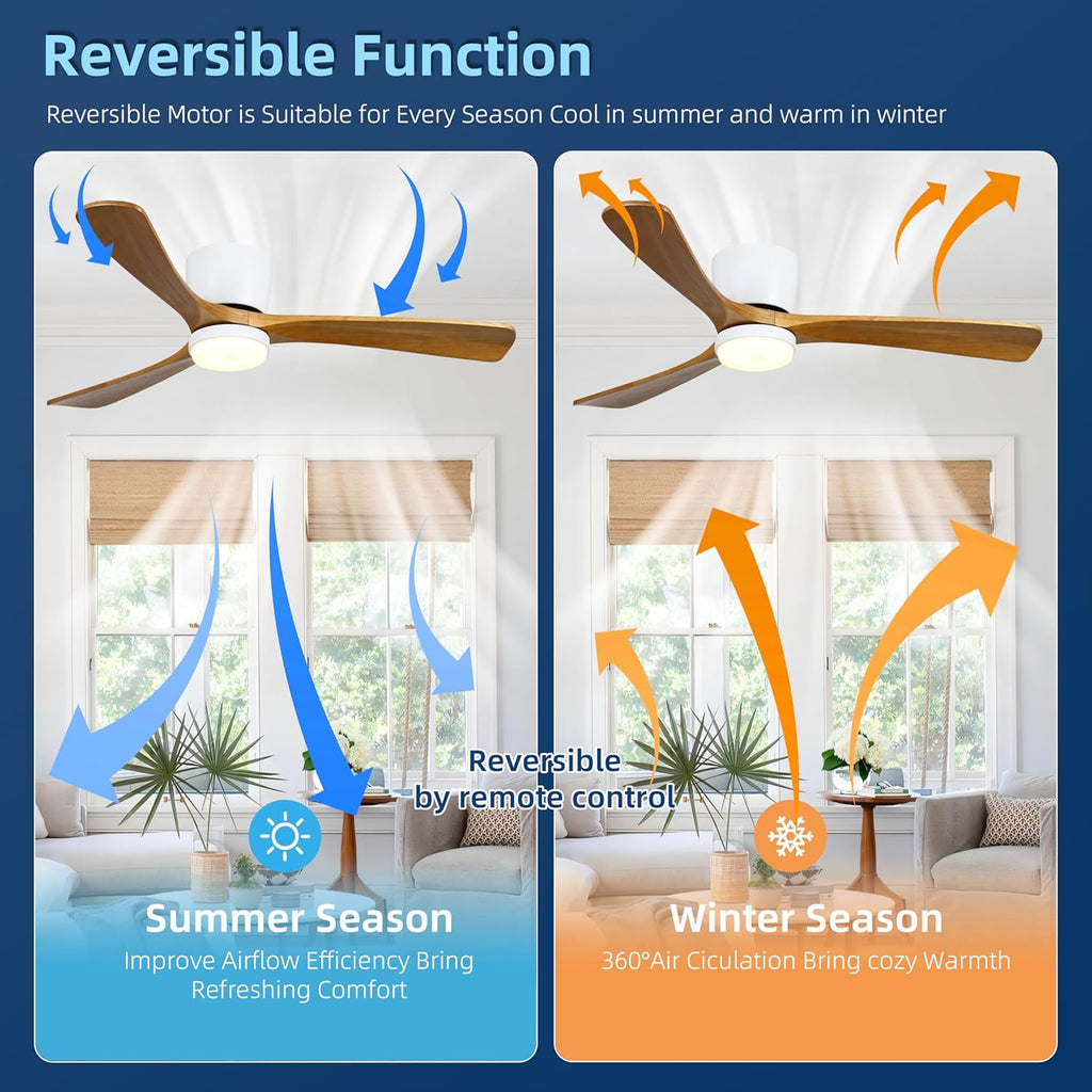 Ceiling Fans with Lights and Remote Control, 52 Inch Solid Wood Blade, Low Profile Flush Mount, LED Dimmable DC Reversible Modern Ceiling Fans with APP Control for Bedrooms, Living Rooms, Patio, White
