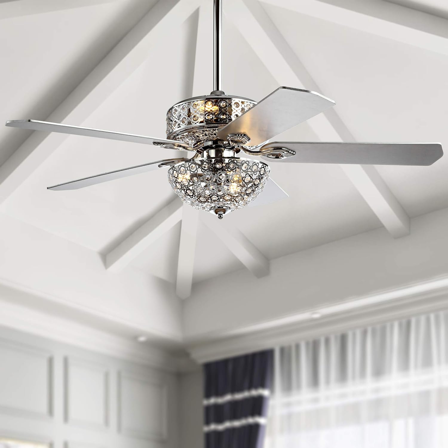 JONATHAN Y 52' Chrome 6-Light Iron and Wood Ceiling Fan, Modern Glam Filigree Dome, 5 Reversible Silver/White Blades, Remote Control, ETL Listed, LED Bulbs Included JYL9602A