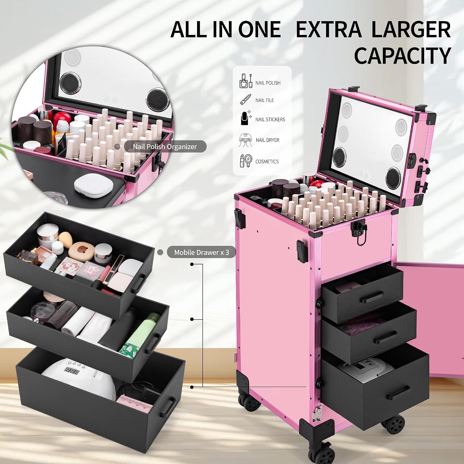 Portable Manicure Table 3 Drawers, Rolling Lockable Makeup Train Case with Blueteeth Speaker and Nail Polish Organizer, Foldable Nail Desk with Mirror & TSA Lock for Nail Tech and Salon Use