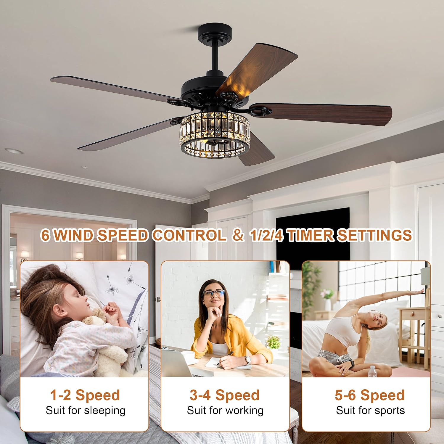 Bella Depot 60' Vintage Black Ceiling Fan with Light, Large Crystal Chandelier Fan Fandelier Fan with 6-Speeds, Quiet Reversible DC Motor, for Bedroom, Living Room