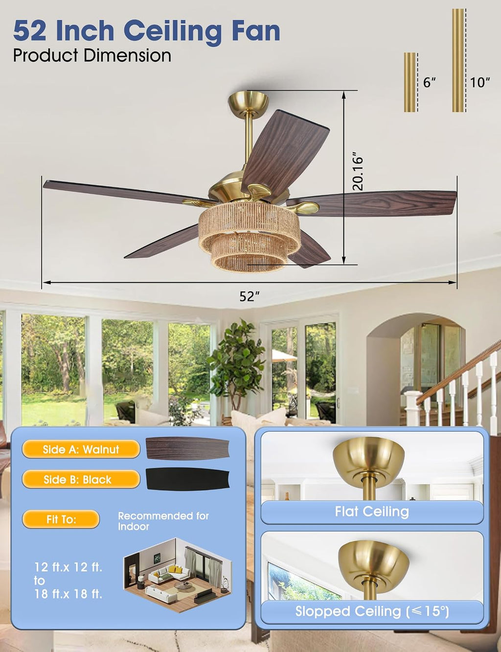Parrot Uncle Ceiling Fans with Lights and Remote, 52 Inch Farmhouse Rustic Ceiling Fan for Bedroom, Chandelier Outdoor Ceiling Fans with Reversible 5 Blades, Black/Wood Grain, Woven Drum Shade