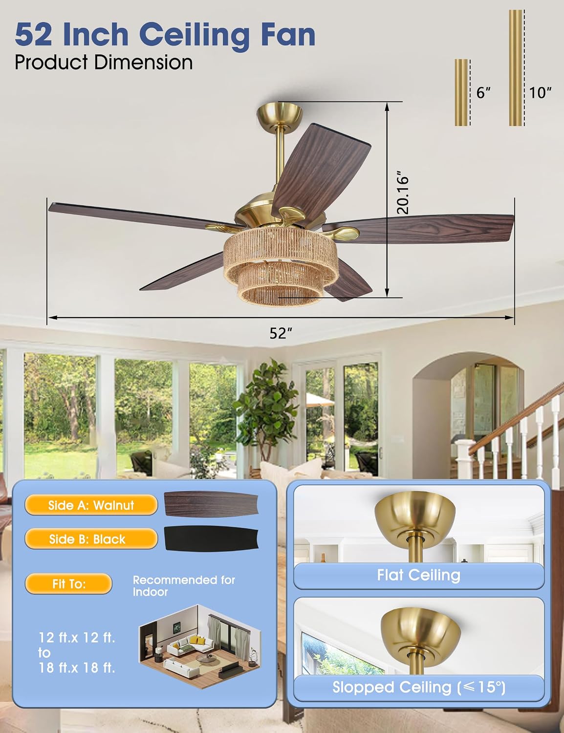 Parrot Uncle Ceiling Fans with Lights and Remote, 52 Inch Farmhouse Rustic Ceiling Fan for Bedroom, Chandelier Outdoor Ceiling Fans with Reversible 5 Blades, Black/Wood Grain, Woven Drum Shade