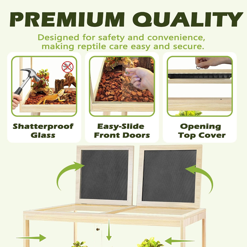 PROLEE Bearded Dragon Tank with Legs, 34 Gallon Tempered Glass Lizard Tank, Reptile Enclosure with Metal Mesh and Lockable Door, Reptile Tank for Snakes,Chameleon (Oak, 32x15.5x15.5 Inch)
