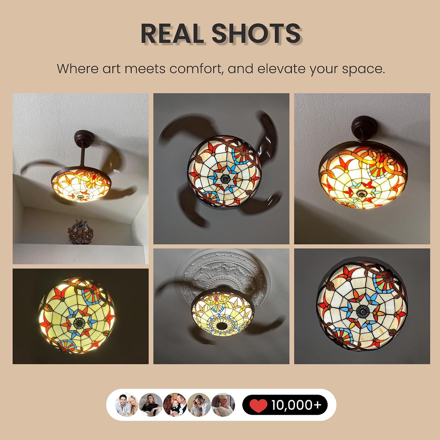 36' Tiffany Style Ceiling Fan with Lights, Remote Control Led Dimmable Fandelier Fixture with 4 Retractable Reverse Blades, Vintage Stained Glass Suit for Bedroom Living Room
