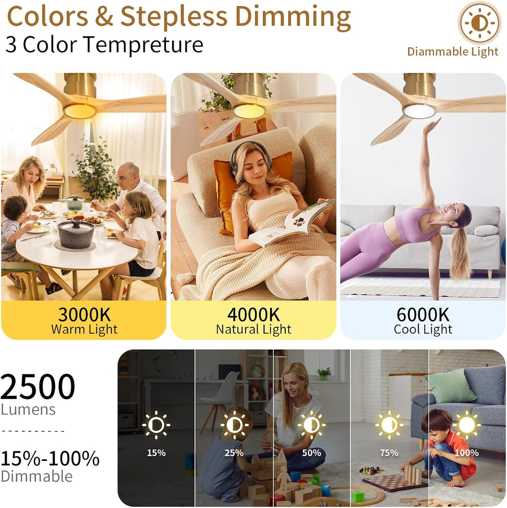 52inch Ceiling Fan with Lights,Wood Low Profile Ceiling Fans with Remote Control,Dimmable Light,3 CCT,6 Speeds,Noiseless DC Motor,Ceiling Fan for Bedroom,Living Room,Office,Indoor,Natural Wood Grain