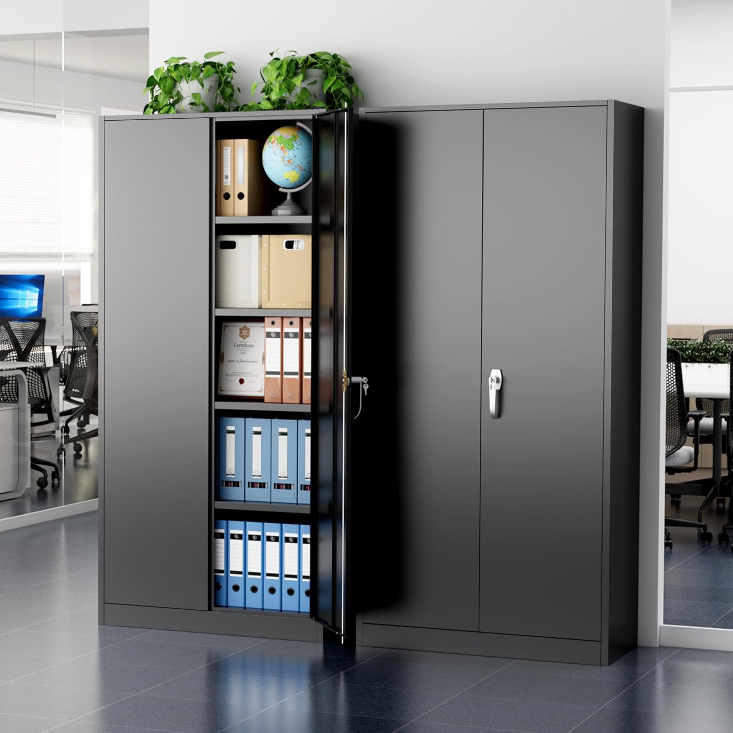 Greenvelly Metal Garage Storage Cabinet, 72'' Tall Storage Cabinet with 2 Doors and 4 Adjustable Shelves, Steel Lockable Tool Cabinets for Home Office, Garage, Basement, School (Black)