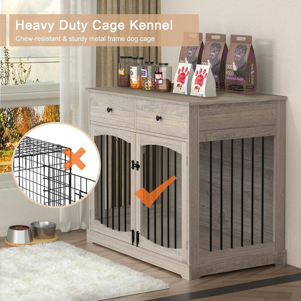 BREEZEHEAT Rustic Grey Dog Crate Furniture-40 inch Farmhouse Dog Kennel with Two Drawers-End Table Wooden Pet Crate, Decorative Dog House Indoor for Small Medium Large Dog