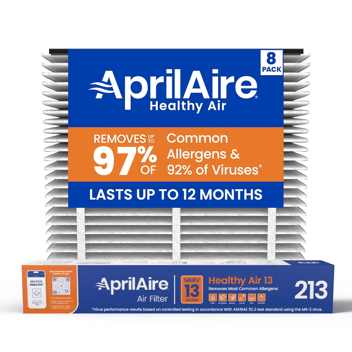Genuine AprilAire 213 Replacement Filter for AprilAire Whole-House Air Purifiers - MERV 13, Healthy Home Allergy, 20x25x4 Air Filter (Pack of 8)
