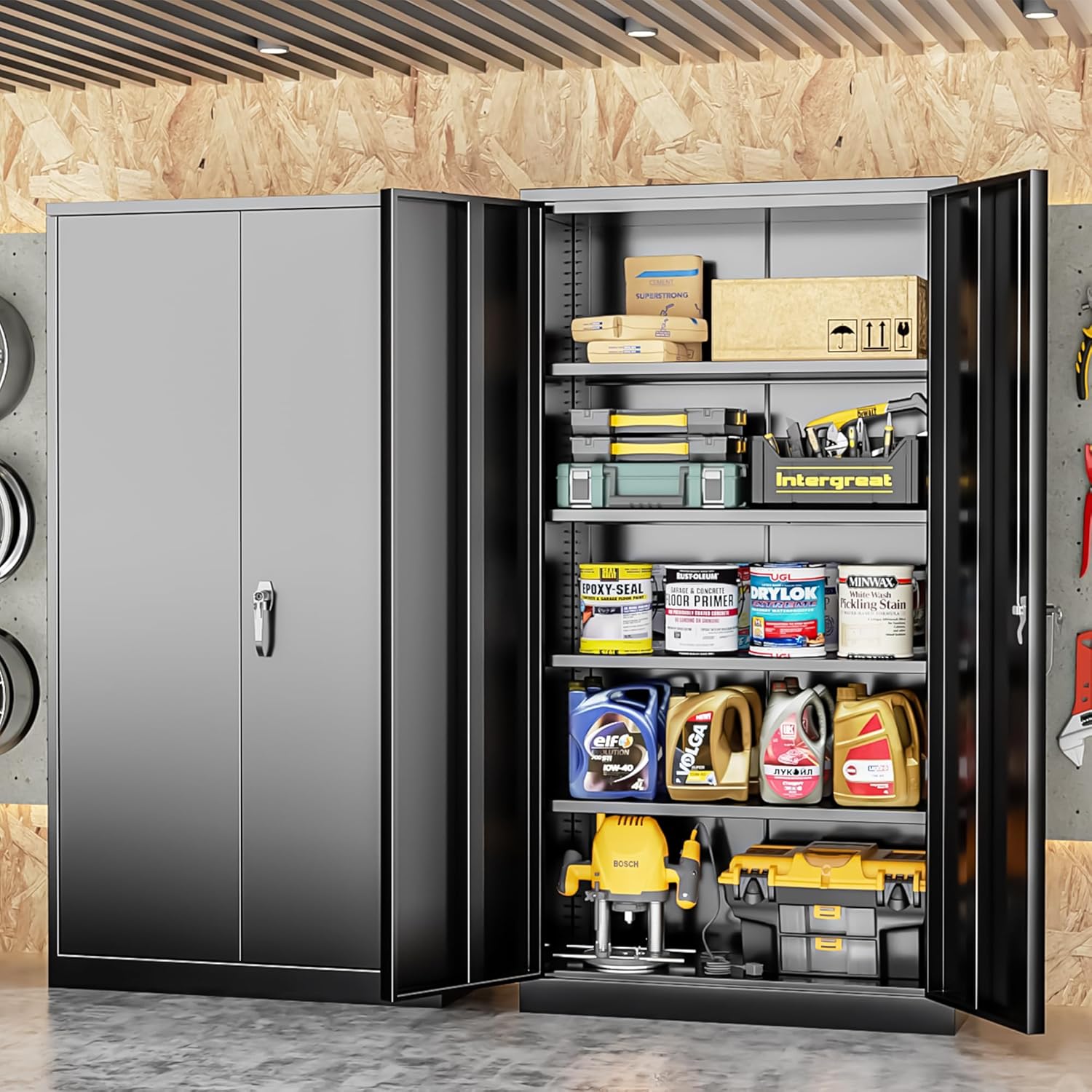 SUNCROWN Metal Storage Cabinets with Lock, Tool Cabinet, 72' Locking Steel Storage, Tall Locker Organizer Garage Cabinets with 2 Doors and 4 Shelves for Home,Garage,Office,School, Garage, Black