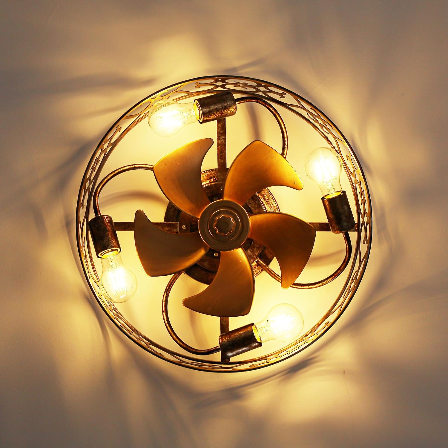 Flush Mount Ceiling Fans with Lights, Farmhouse Low Profile Ceiling Fan with APP & Remote Control, 6-Speed Reversible DC Motor, Caged Chandelier Fans for Bedroom, Living Room, Gold Antique