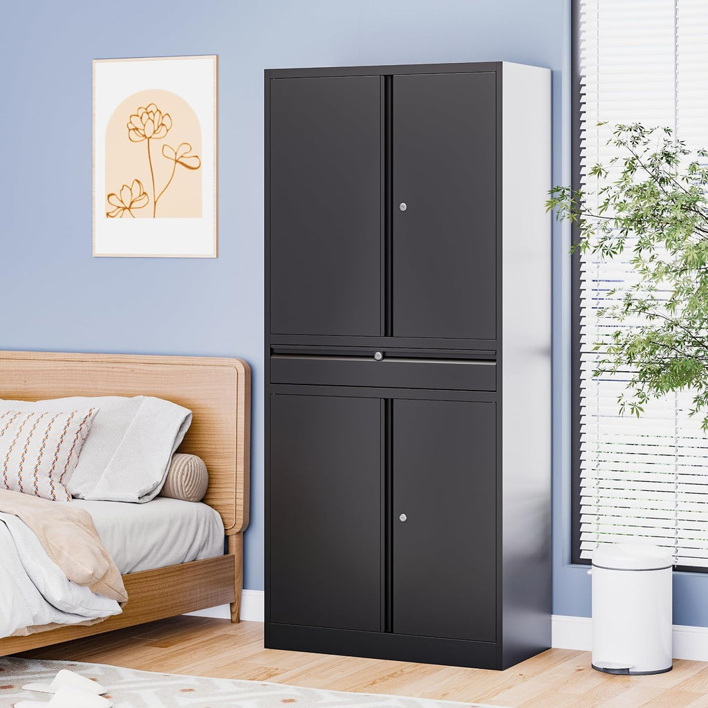 Metal Storage Cabinet with Drawer, Garage Storage Cabinet with Locking Doors and Adjustable Shelves,Tool Steel Cabinet for Garage, Home Office,Warehouse (Black)