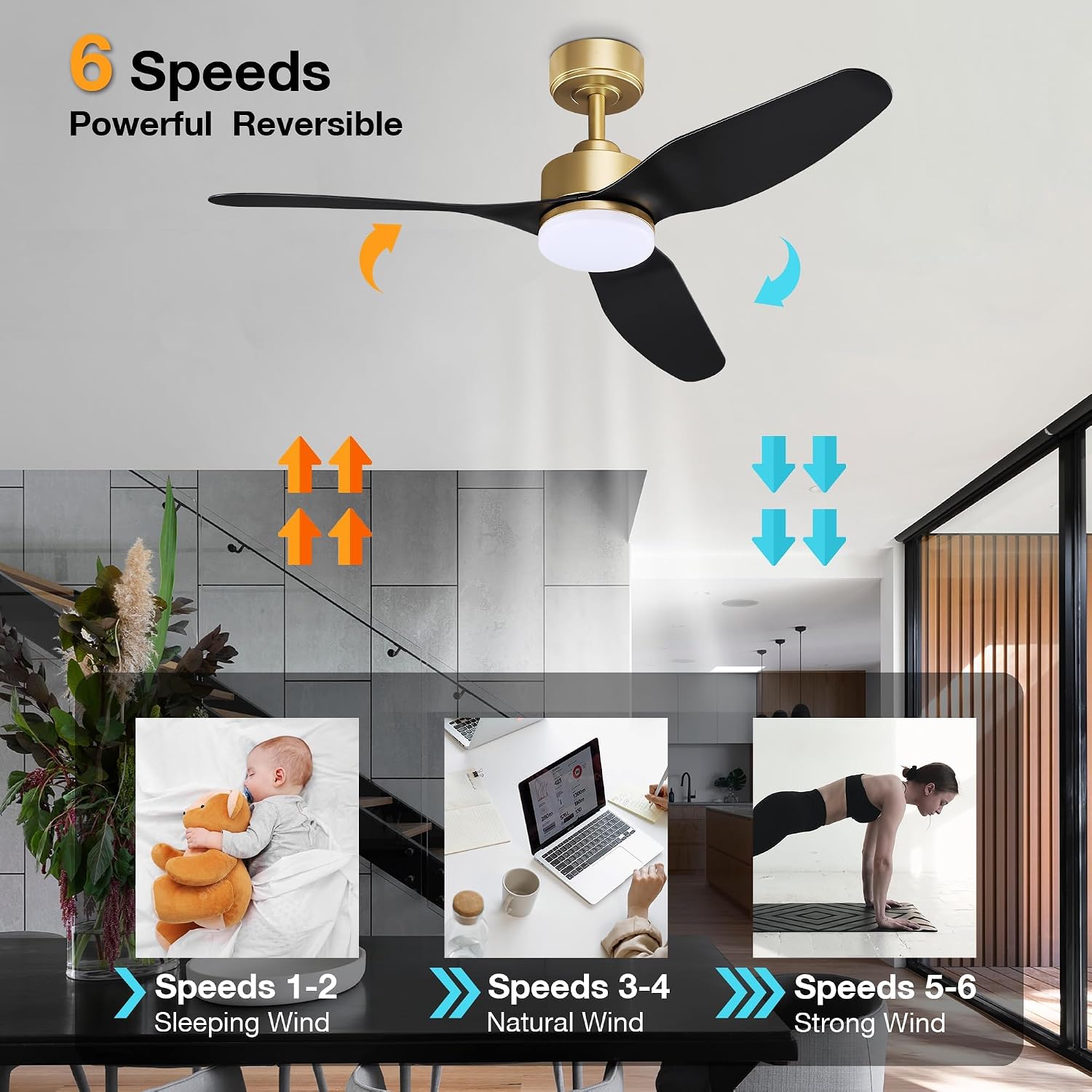 Hoenofly 48 Inch Smart Ceiling Fans with LED Lights Remote,Quiet DC Motor,Dimmable,Outdoor Indoor Gold Black Ceiling Fan Controlled by WIFI Alexa App,for Modern Bedroom Living Room Patio Porch