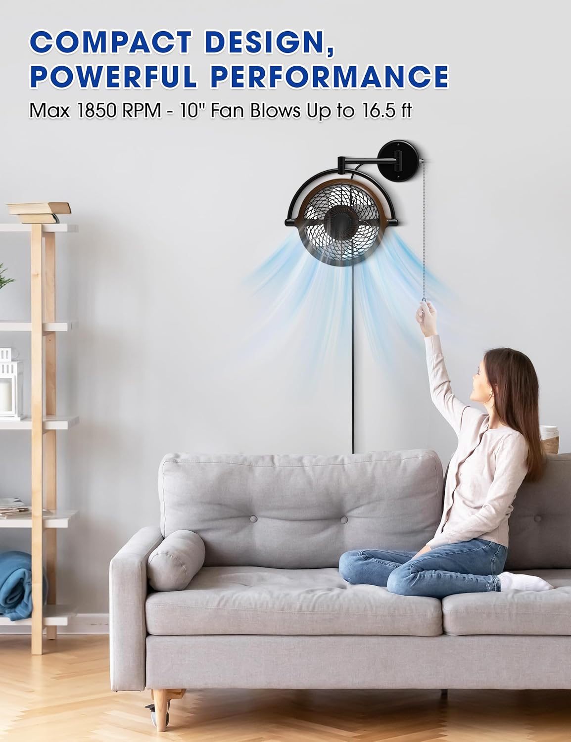 Wall Mount Fans with Pull Chain, 10 Inch Wall Fans Quiet Oscillating Wall-Mounted Fan, Adjustable Folding Arm, 2-Speed Plug-in Fan for Bedroom, Living Room, Bathroom, Patio, Kitchen, Black/ Walnut