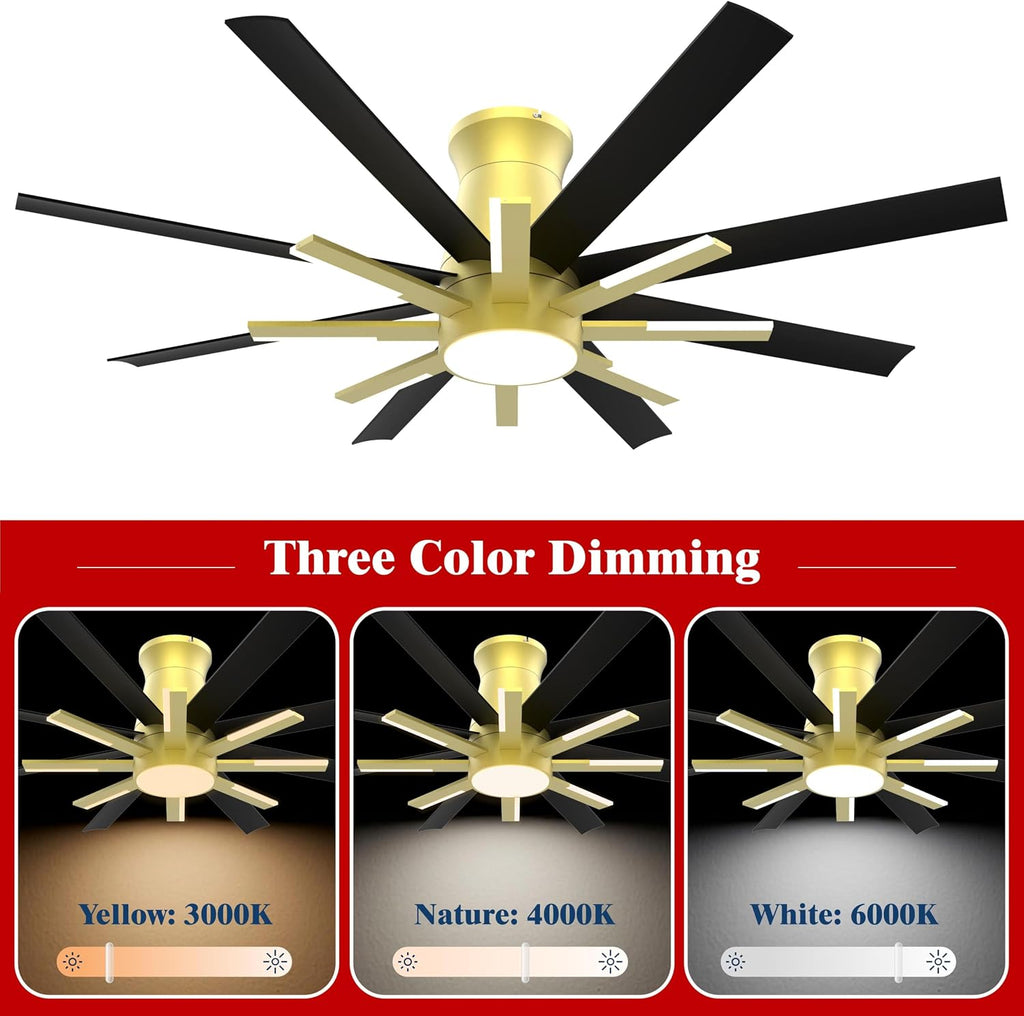 60 inch Black Ceiling Fans with Lights and Remote, Flush Mount Ceiling Fan for Living Room Bedoom，6 Speed Reversible，8 Blades and 9 Lights，3 CCT，Black Gold