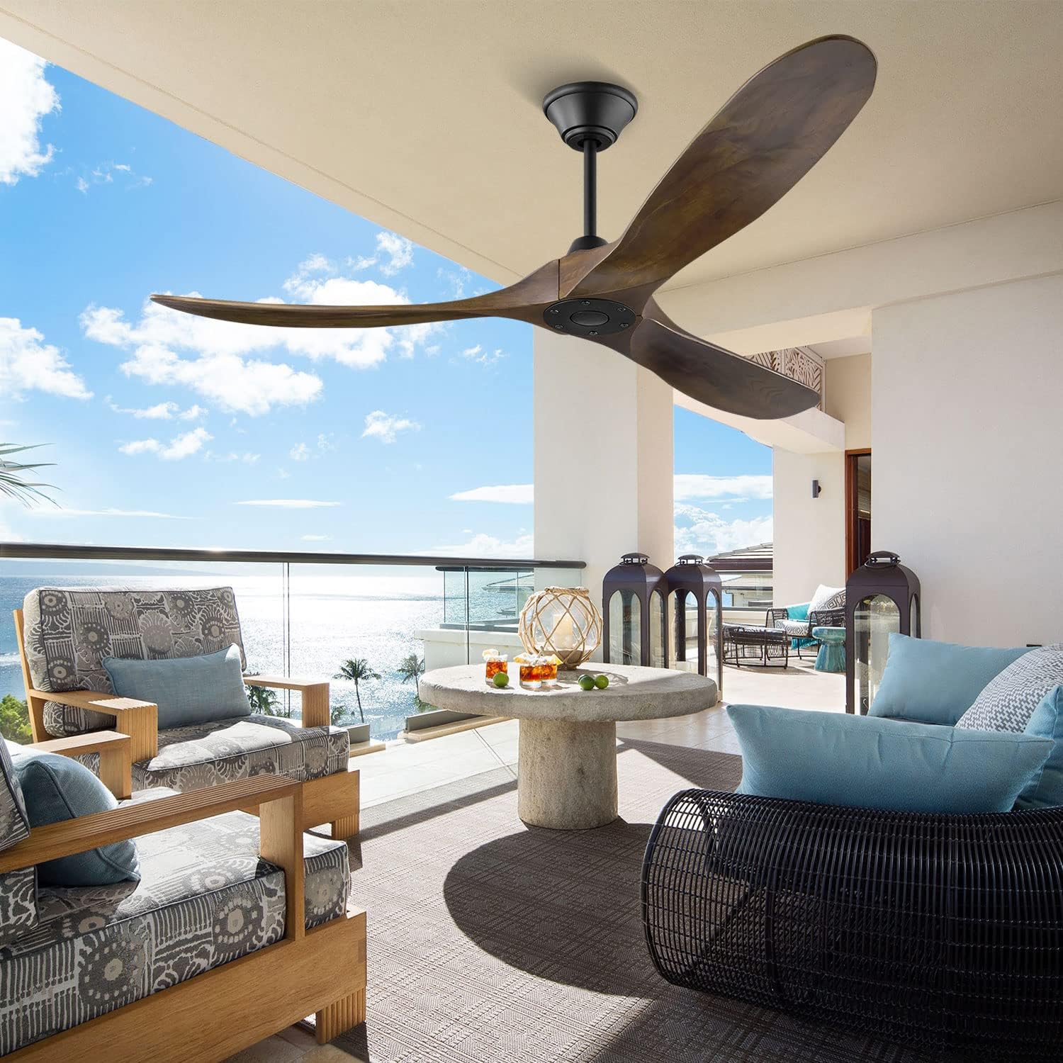 52 Inch Outdoor Ceiling Fan, Wood Ceiling Fan Without Light with Remote Control, 3 Blades Moisture-Proof Large Indoor Fan with 6 Speed Noise-Free DC Motor for Bedroom Patios Kitchen