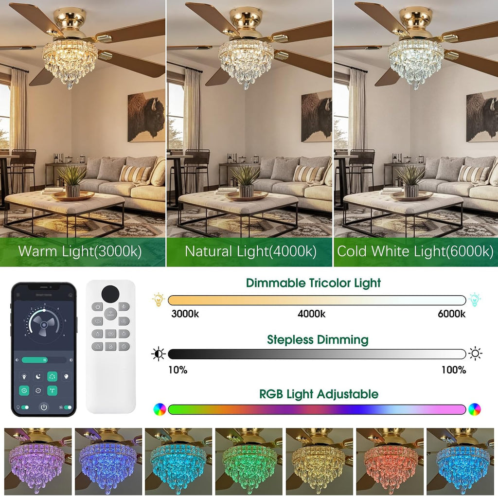 52' Crystal Ceiling Fans with RGB Lights, Remote/App Control, Luxury Fandelier Ceiling Fan Flush Mount, Reversible DC Motor, Dimmable, Bedroom Chandelier Fan, (Gold)