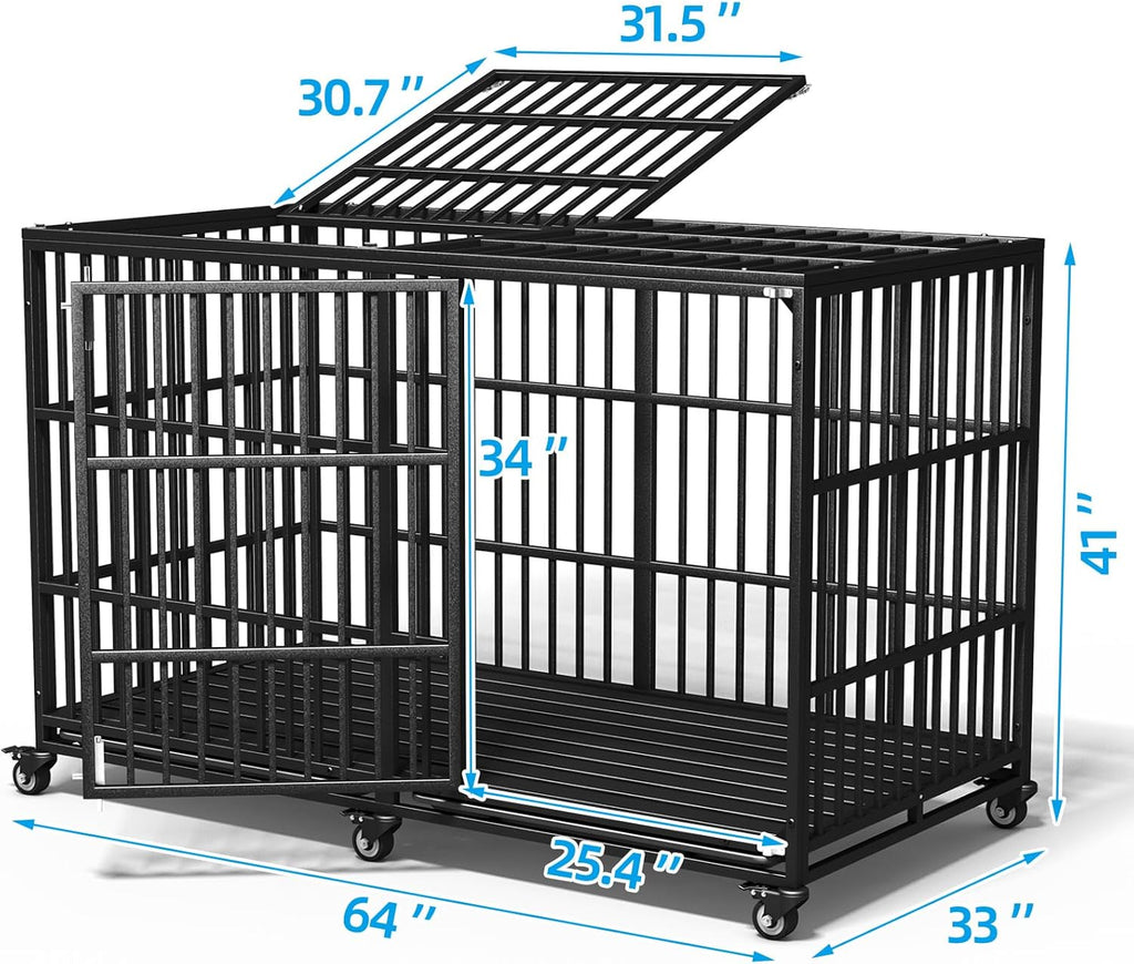 Heavy Duty Dog Crate 64' Inch Indestructible Escape Proof High Anxiety Dog Pet Kennel Cage for Extra XL Large Giant Breeds Double Doors Locakable Wheels