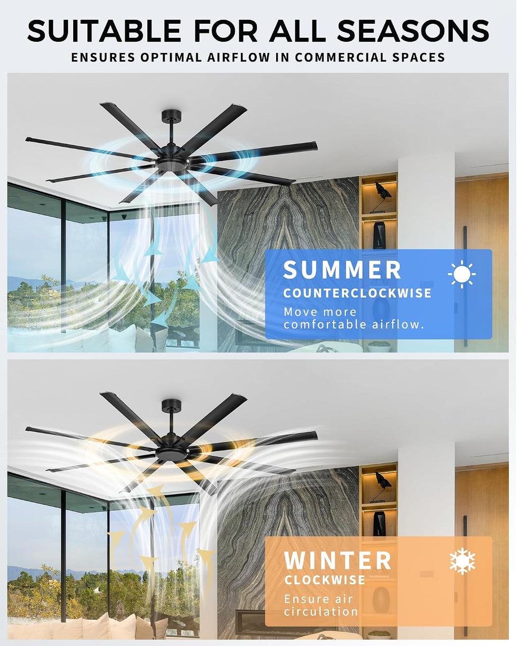 84 Inch Industrial Ceiling Fan Without Light, Matte Black Outdoor Model for Covered Areas, 8 Aluminum Blades, Powerful Airflow, Modern No-Light Design, CF04NBK-84