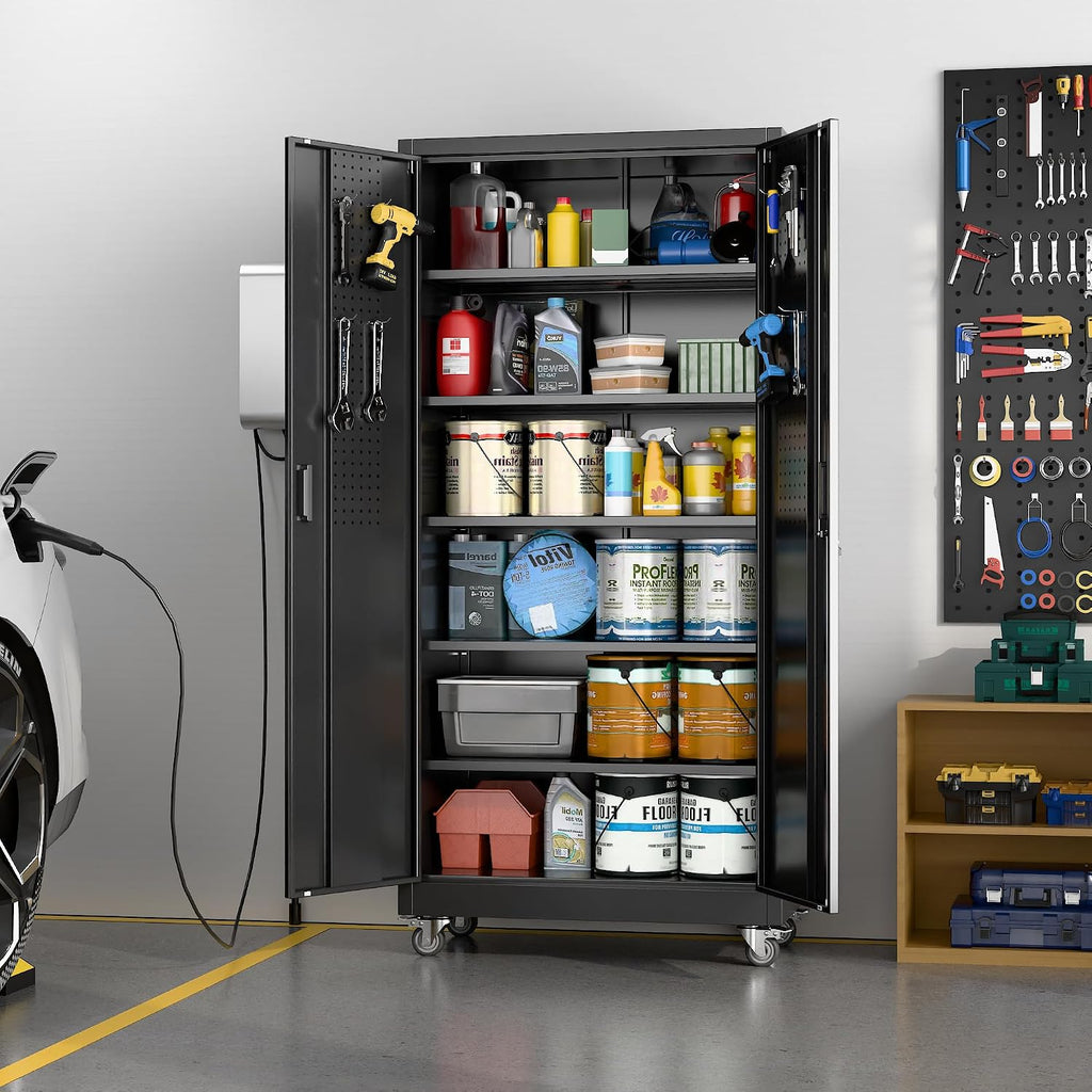Reemoon Metal Garage Storage Cabinet with Wheels and Lockable Doors, Steel Storage Cabinet with 5 Adjustable Shelves and Pegboard for Garage Home Utility Room,Required Assembly,Black,71'H×34'W×18'D