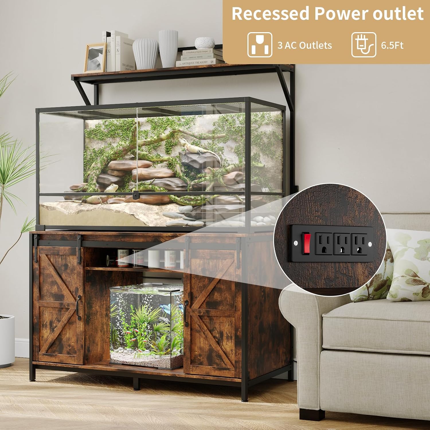 VOWNER Farmhouse Reptile Tank Stand with Power Outlet, 48' X 24' Tabletop Fits up 120 Gallon Bearded Dragon Tank, Heavy Duty Aquarium Stand with Storage Cabinet, Reptile Turtle Terrarium Stand Brown