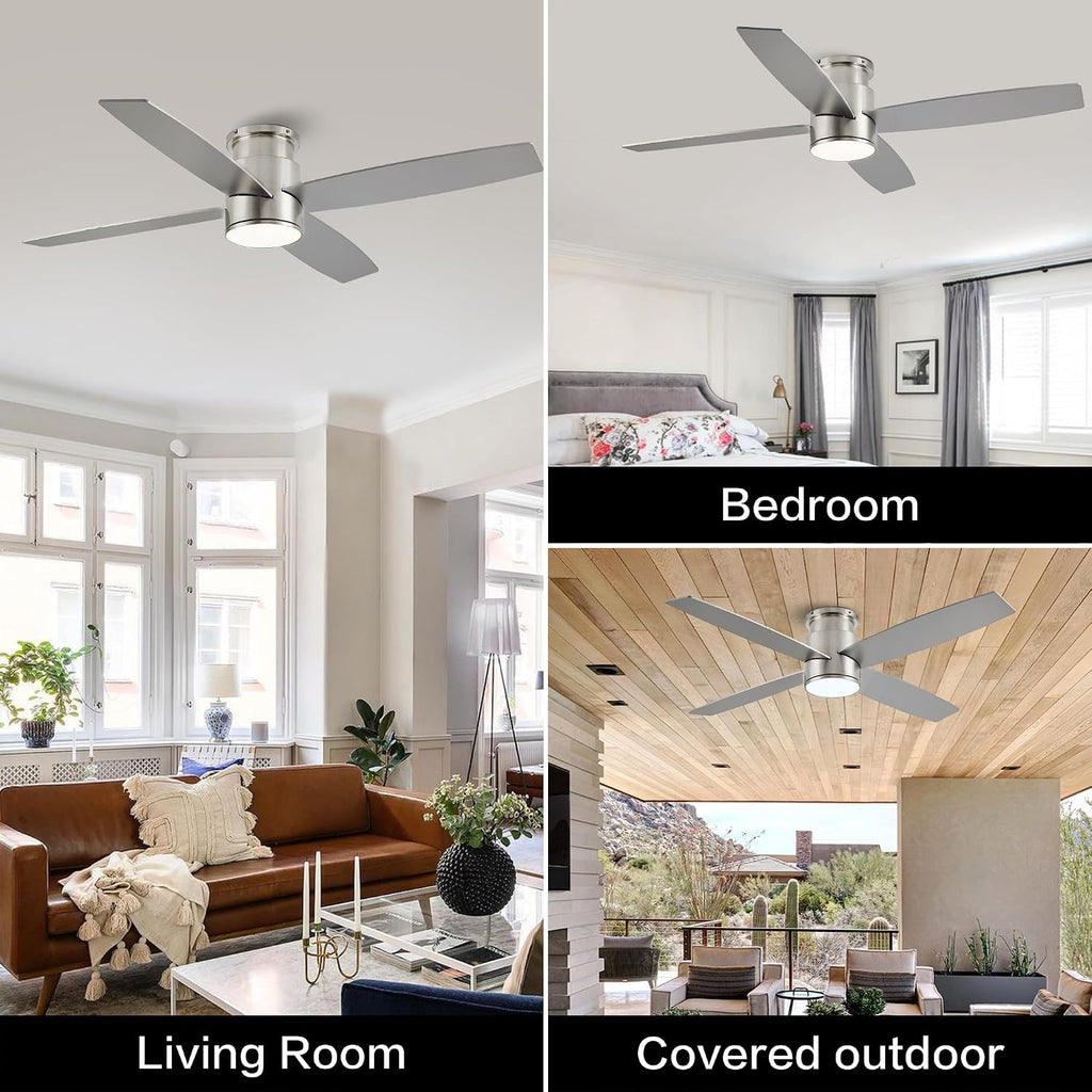 WINGBO 44 Inch Flush Mount DC Ceiling Fan with Lights and Remote, 4 Reversible Blades, Ultra Quiet 6-Speed DC Motor, Hugger Low Profile Indoor Ceiling Fan, Brushed Nickel Finish