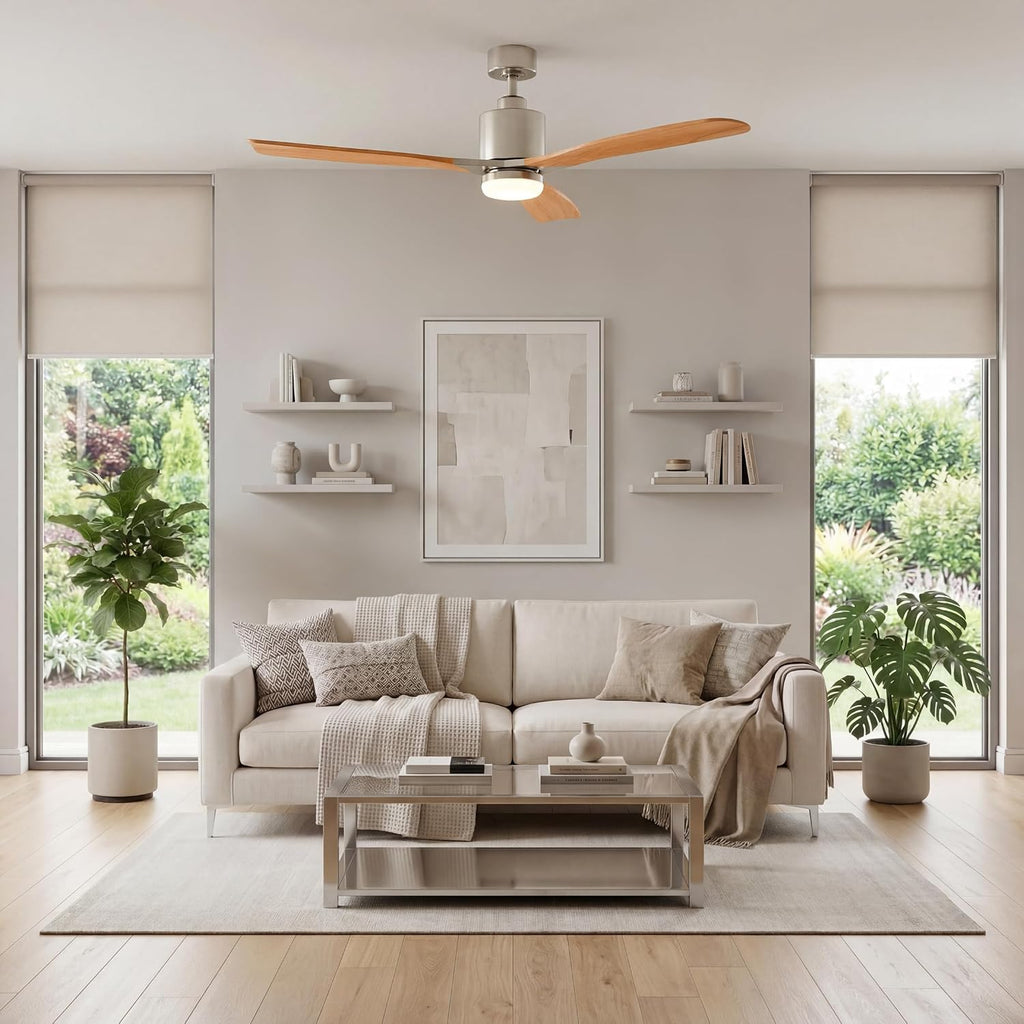Kichler Ridley II 52 in Ceiling Fan with Light, 3-Blade LED Indoor Fan with Etched Cased Opal Glass in Brushed Stainless Steel, Medium Oak Blades for Living Room, 300027BSS