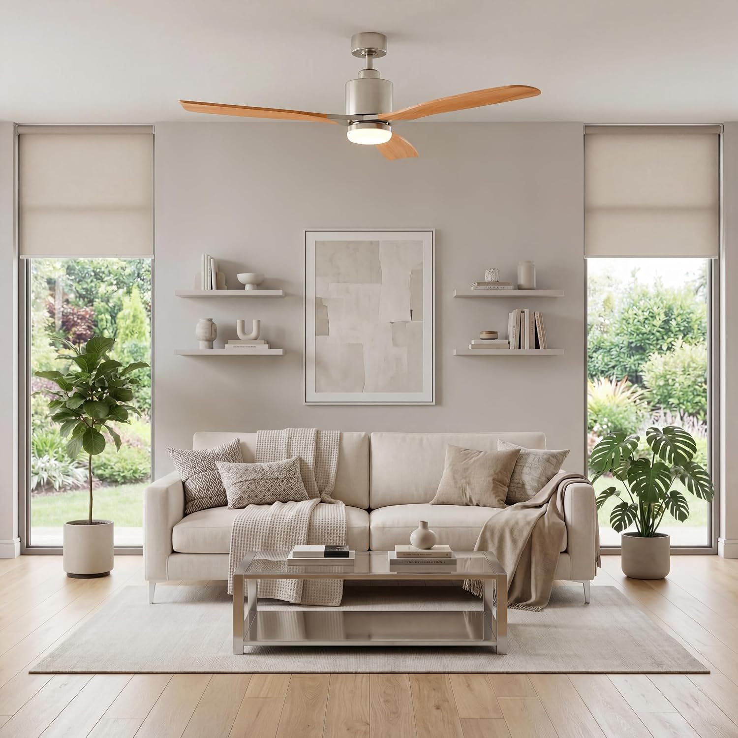 Kichler Ridley II 52 in Ceiling Fan with Light, 3-Blade LED Indoor Fan with Etched Cased Opal Glass in Brushed Stainless Steel, Medium Oak Blades for Living Room, 300027BSS