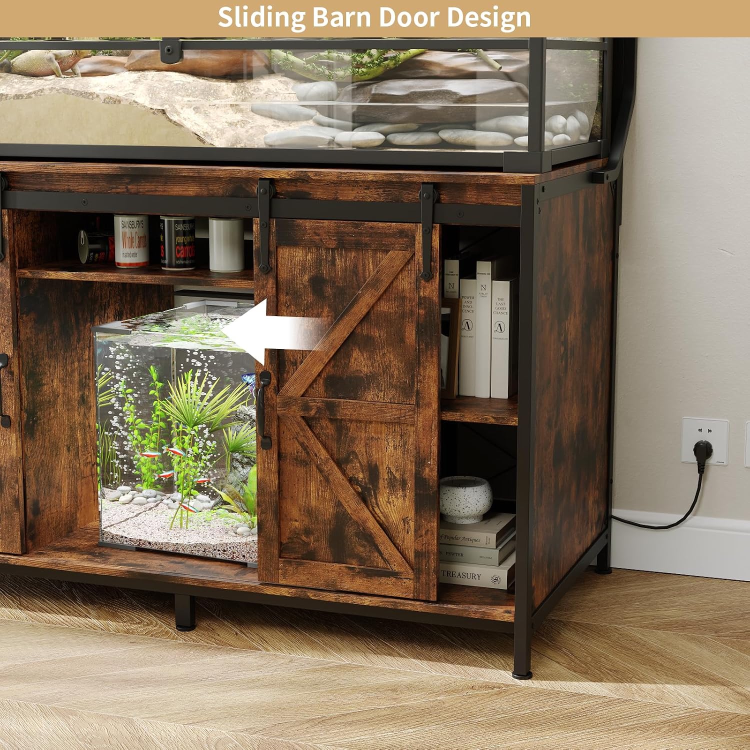 VOWNER Farmhouse Reptile Tank Stand with Power Outlet, 48' X 24' Tabletop Fits up 120 Gallon Bearded Dragon Tank, Heavy Duty Aquarium Stand with Storage Cabinet, Reptile Turtle Terrarium Stand Brown