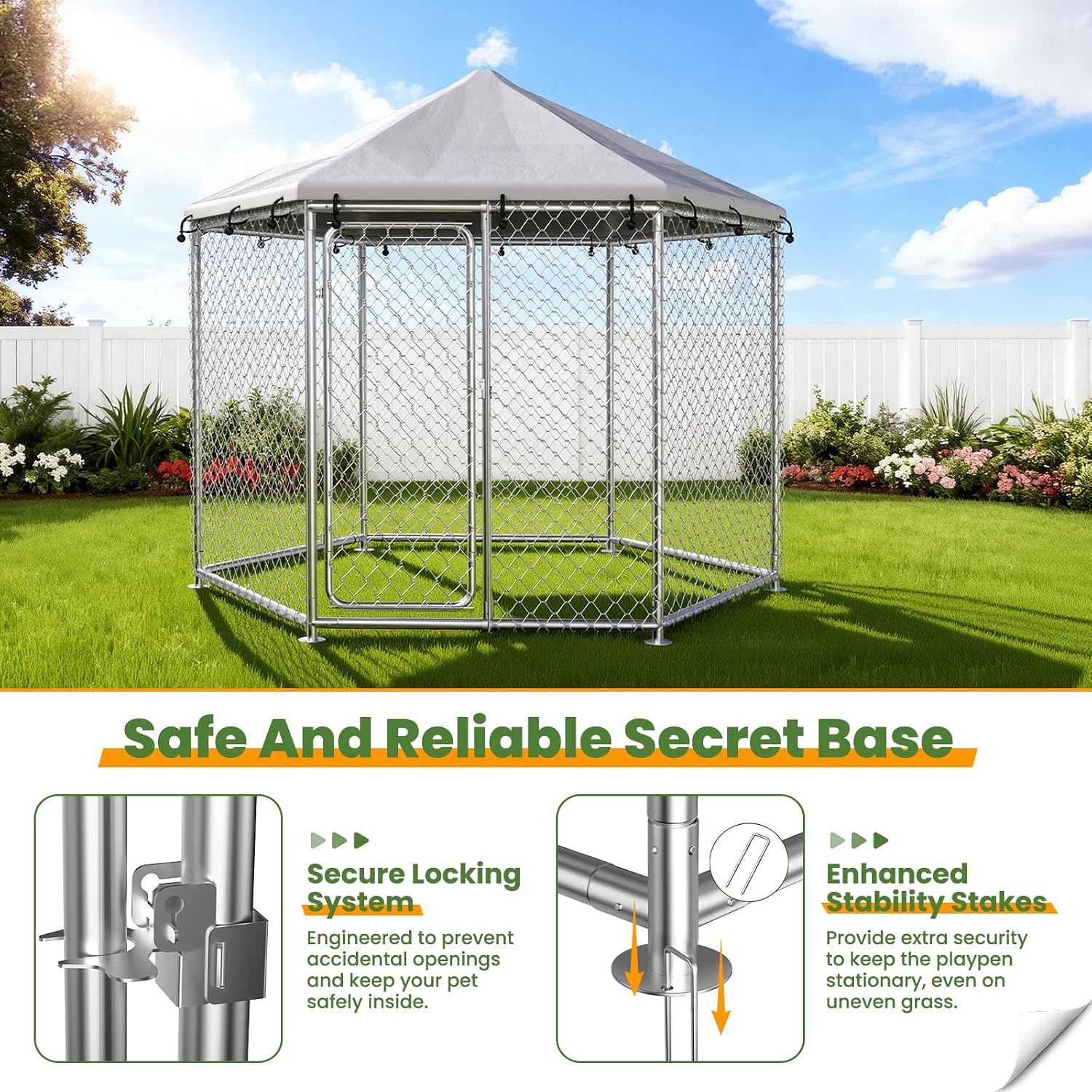 6.8x6.8 FT Extra Large Outdoor Dog Kennel Outside, Heavy Duty Outdoor Dog Enclosure with Waterproof Cover and Security Lock, Galvanized Wire Mesh Hexagonal Dog Cage for Large Dogs
