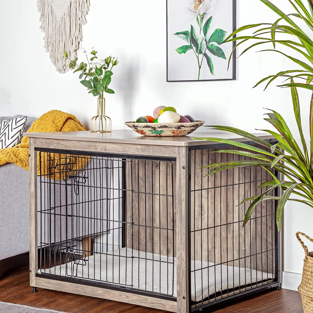 DWANTON Dog Crate Furniture with Cushion, Wooden Kennel Table with Double Doors, Indoor Dog House, Large Size, 38.5' L, Greige