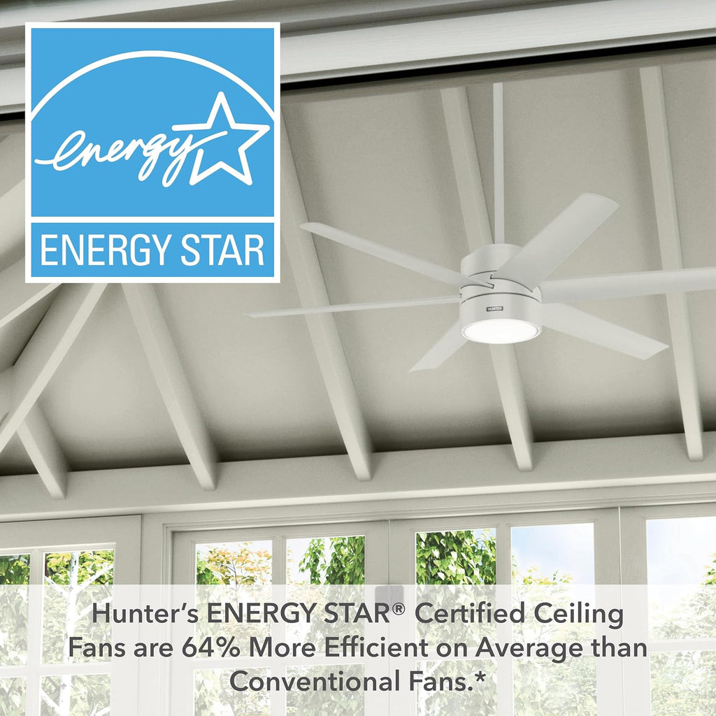 Hunter 60 inch Outdoor or Indoor Ceiling Fan with LED Light - White Ceiling Fan with Wall Control, For Patio, Garage, or Porch, Quiet, Standard Mount, 6 Blades - Solaria 51476, Fresh White