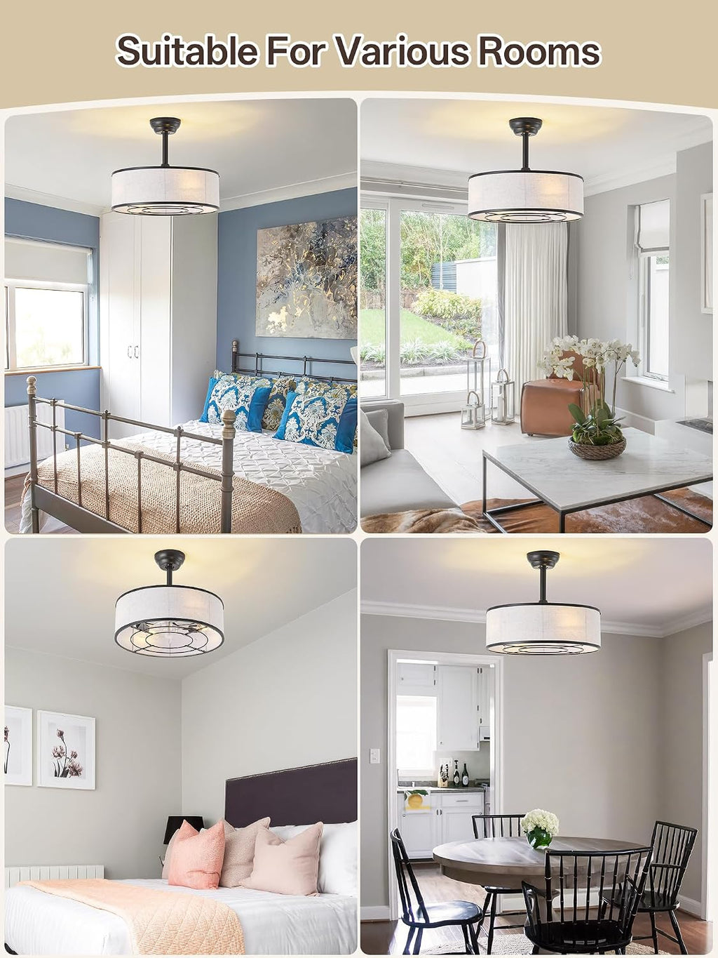 20' Black Caged Boho Fandelier Ceiling Fan with Light & Remote Control - Bladeless Chandelier Fan, 6 Speed Quiet Reversible Motor for Bedroom, Nursery, Living Room