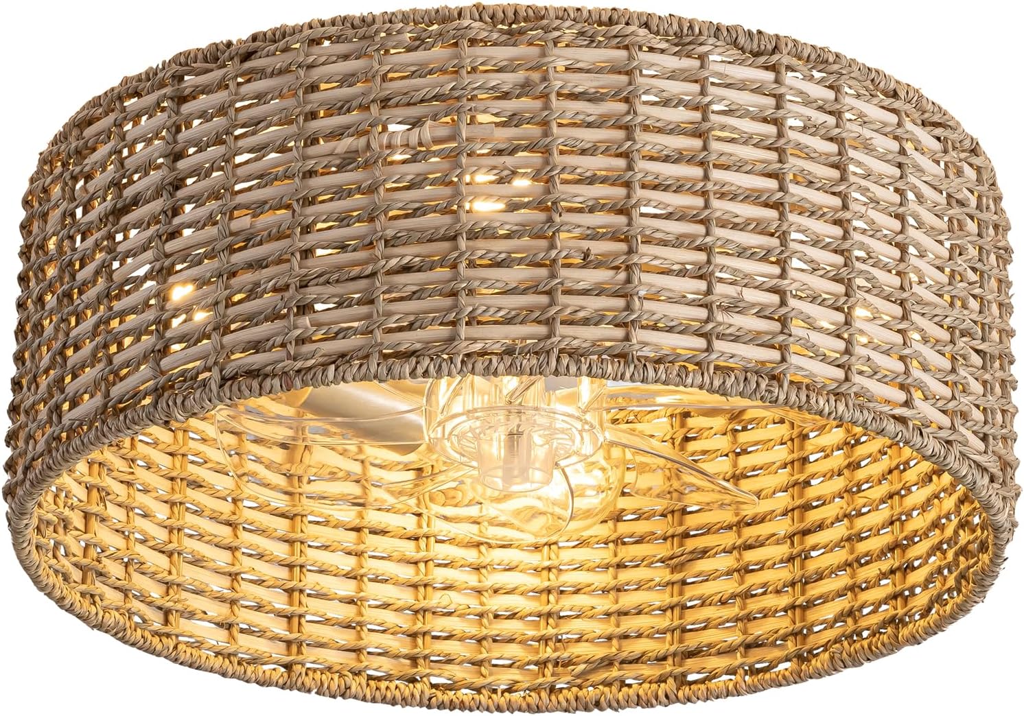 Handwoven Boho Rattan Ceiling Fan with Light,Flush Mount Caged Ceiling Fans with Lights and Remote Control,Low Profile Enclosed 6 Speeds Fandelier for Bedroom Living Dining Room,4-Light