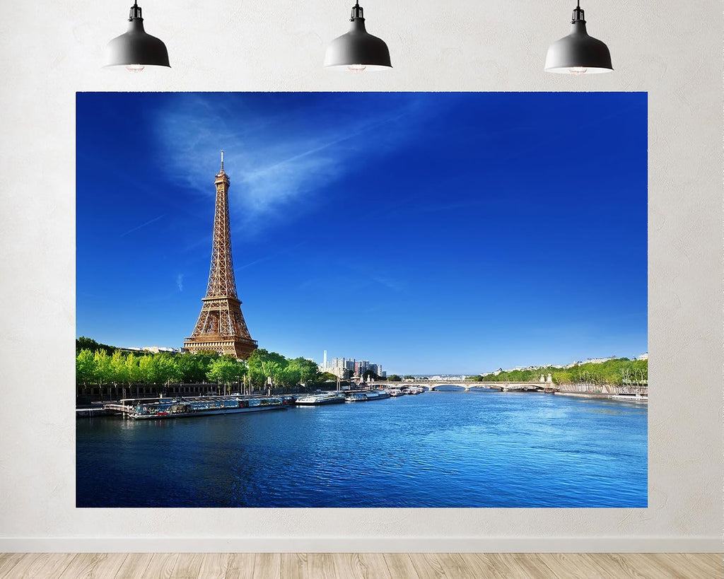 Trykid 20x10ft Eiffel Tower Backdrop Seine River Clear Blue Sky Cityscape Photography Background Travel Event Tapestry Party Decoration Photo Studio Prop Fabric
