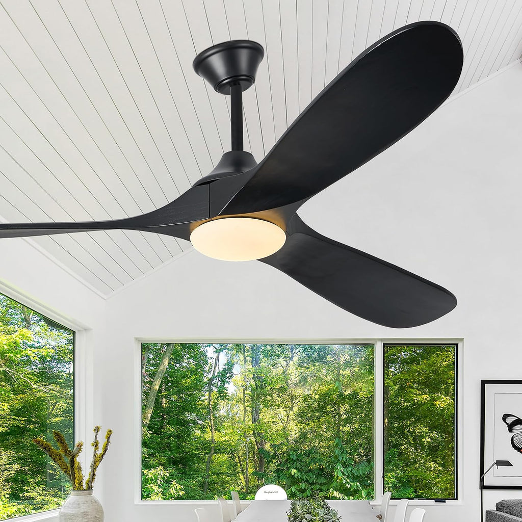 Wood Ceiling Fans with Lights and Remote, 60' Black Modern Ceiling Fan with 3 Wooden Blades, Timer and Memory Function, Outdoor Ceiling Fan with Light for Patios, Indoor, Living Room