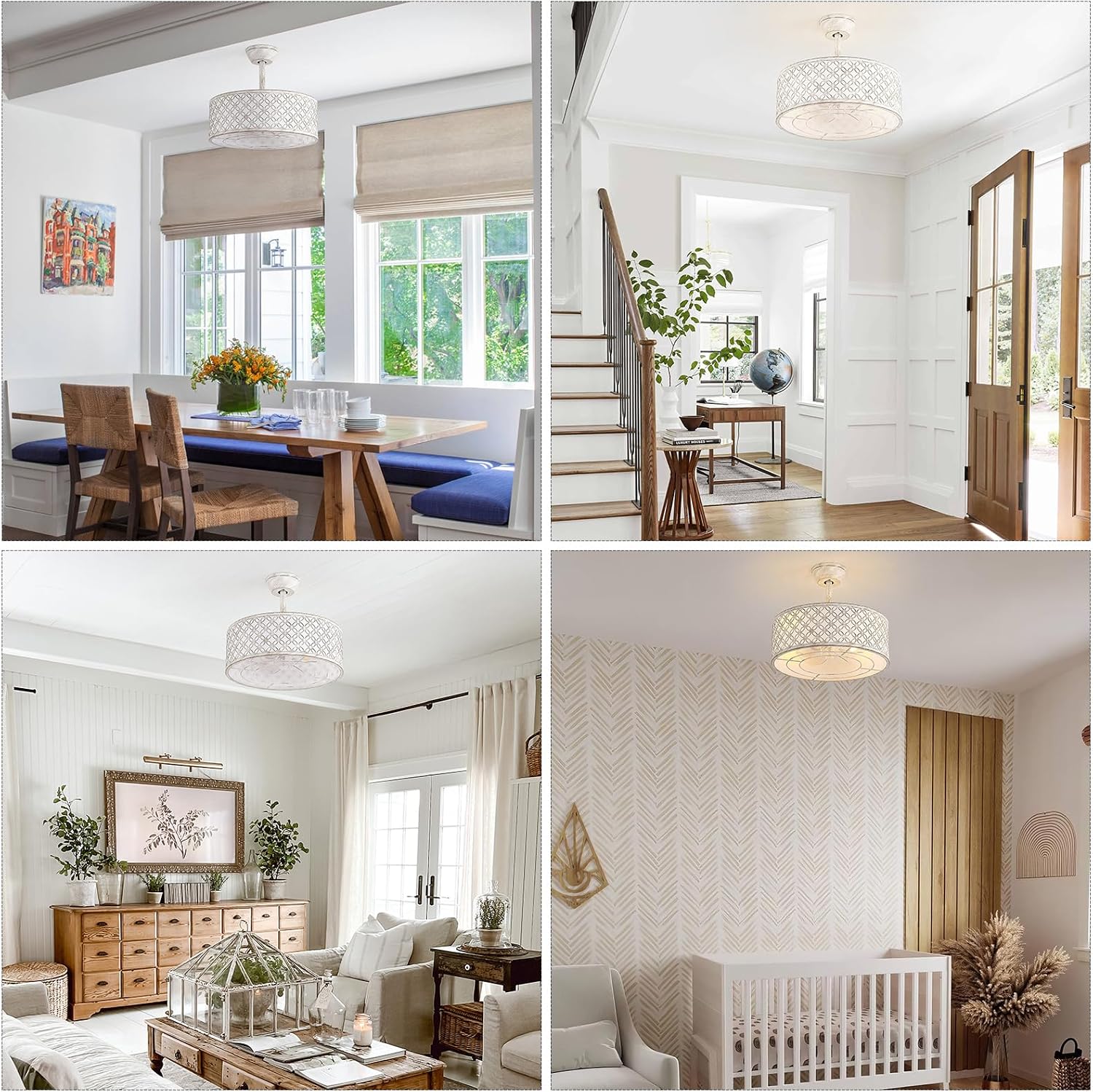 White Fandelier Ceiling Fan with Light, 20' Caged White Chandelier Ceiling Fans with Lights Remote Control, Fabric Mid-Century Modern with 6 Speeds for Bedroom, Nursery, Living Room.