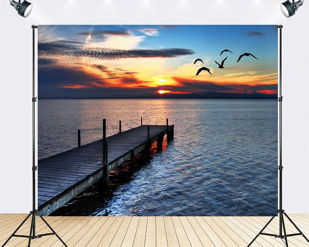 Trykid 20x10ft Sunset Wooden Pier Backdrop Lake Seagull Flying Photography Background Serene Coastal Landscape Party Decoration Tapestry Photo Booth Prop Fabric