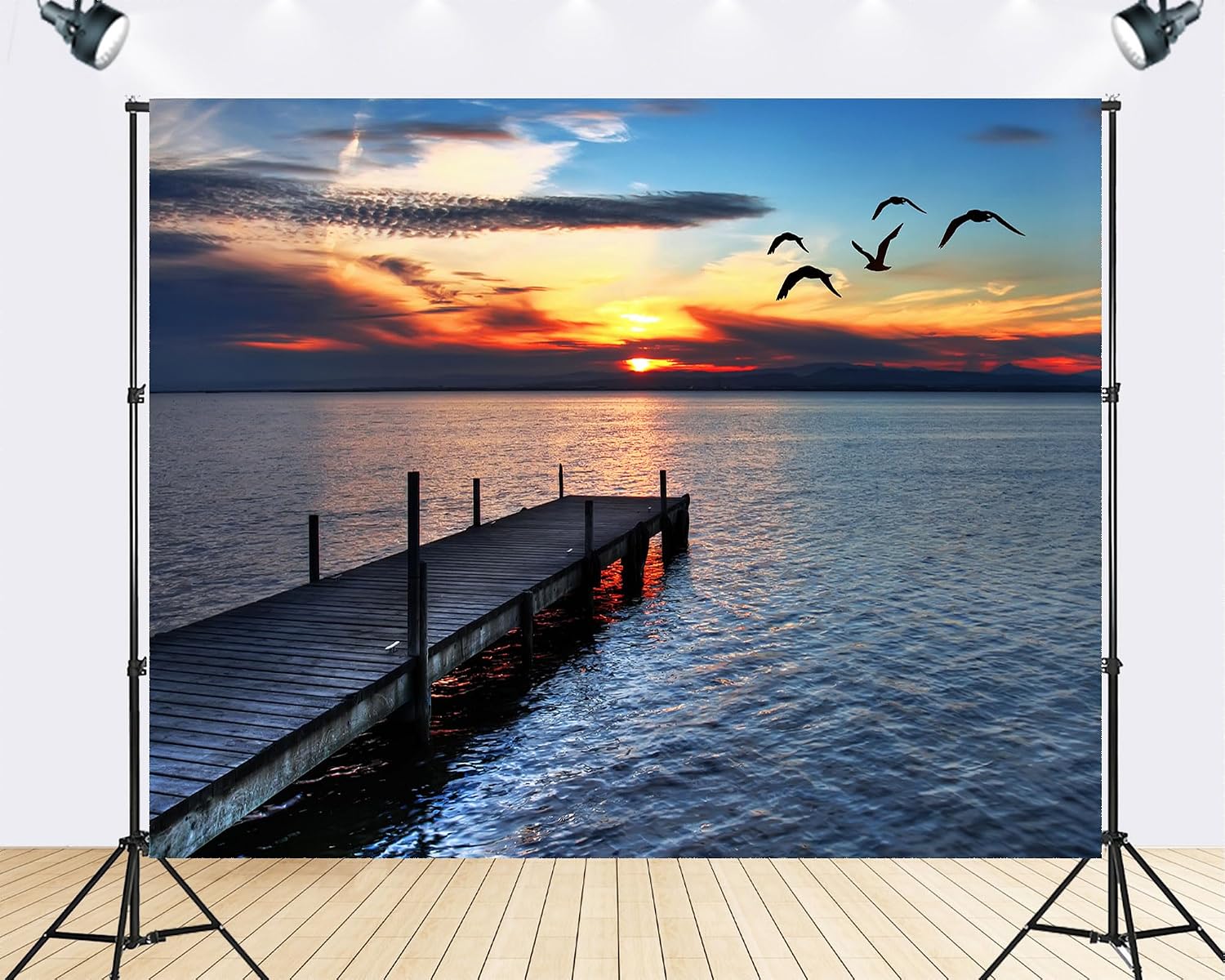 Trykid 20x10ft Sunset Wooden Pier Backdrop Lake Seagull Flying Photography Background Serene Coastal Landscape Party Decoration Tapestry Photo Booth Prop Fabric
