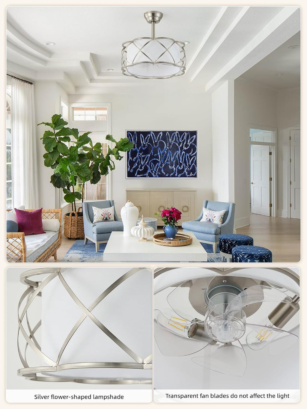 Silver Fandelier Ceiling Fans with Lights, 20' Mid Century Boho Chandelier Ceiling Fan Remote Control with 6 Speeds for Bedroom, Nursery, Living Room