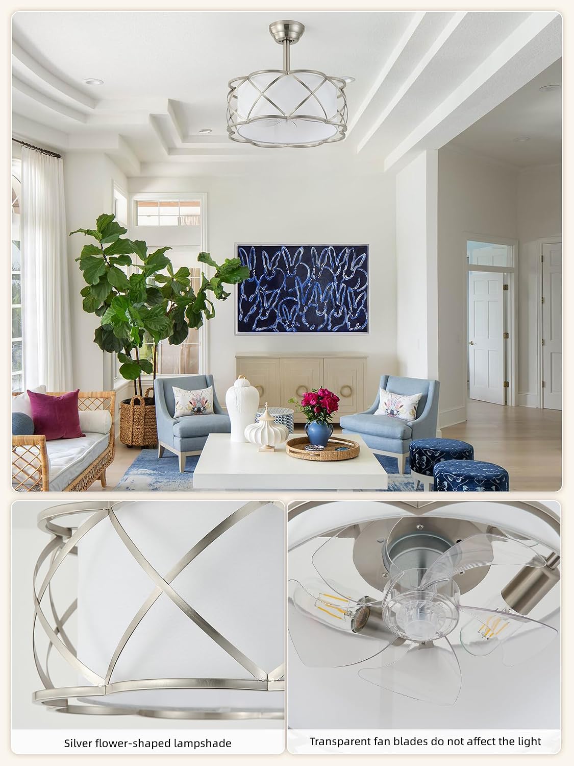 Silver Fandelier Ceiling Fans with Lights, 20' Mid Century Boho Chandelier Ceiling Fan Remote Control with 6 Speeds for Bedroom, Nursery, Living Room