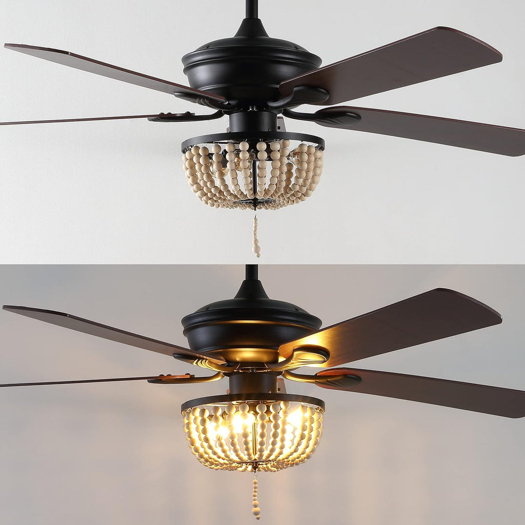 JONATHAN Y 52' Black/Light Brown 3-Light LED Ceiling Fan with Remote and App Control, Bohemian Farmhouse Chandelier, Light Brown Wood Bead Shade, Reversible Wood Blades (JYL9618B)