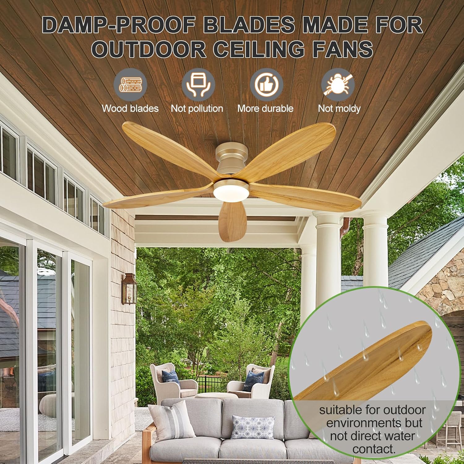 48 Inch Flush Mount Ceiling Fans with Lights and Remote, Modern Low Profile Wood Ceiling Fan with Light，Indoor Outdoor Ceiling Fans for Patio Office, Dimmable, Wall Switch, Memory Function