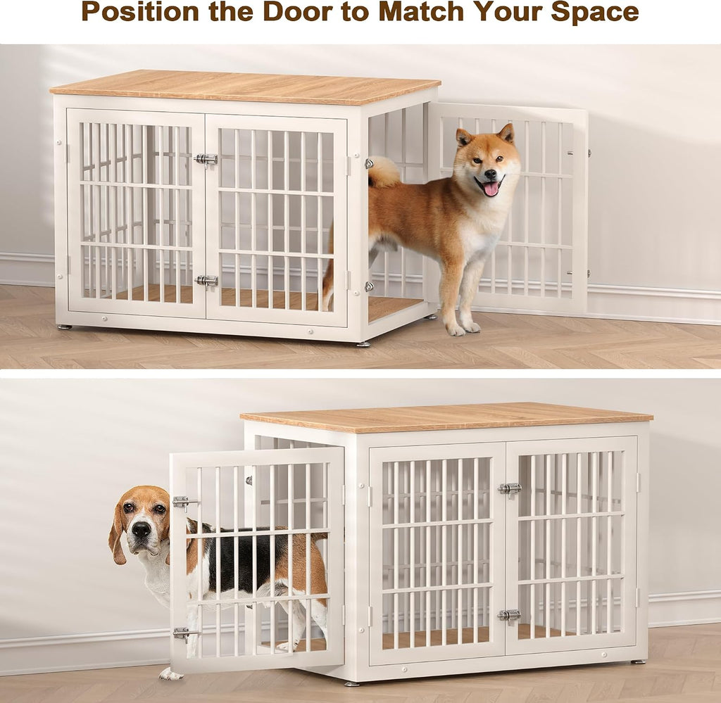 rehomerance 38 Inch Heavy Duty Dog Crate Furniture for Large and Medium Dogs, Decorative Pet House End Table, Wooden Cage Kennel Furniture Indoor, Natural and White