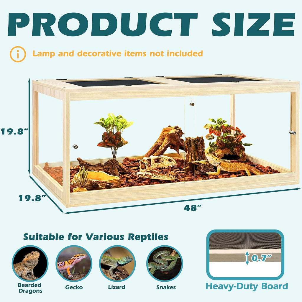 PROLEE Bearded Dragon Tank, Tempered Glass Reptile Encloure and Snake Tank with Metal Mesh Roof Door,Locking Design Reptile Tank for Lizard,Gecko,Chameleon (Oak, 82 Gallon (48x19.5x19.5) Inch)