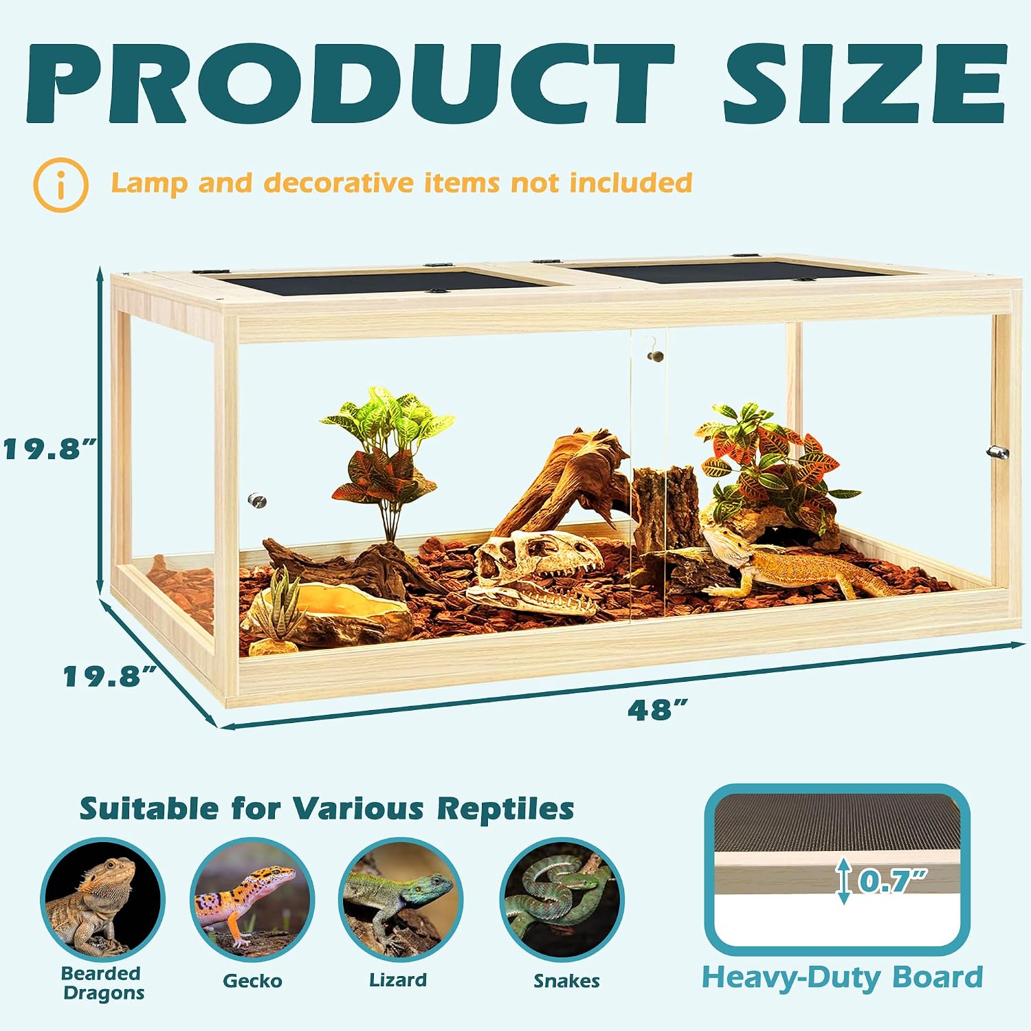 PROLEE Bearded Dragon Tank, Tempered Glass Reptile Encloure and Snake Tank with Metal Mesh Roof Door,Locking Design Reptile Tank for Lizard,Gecko,Chameleon (Oak, 82 Gallon (48x19.5x19.5) Inch)