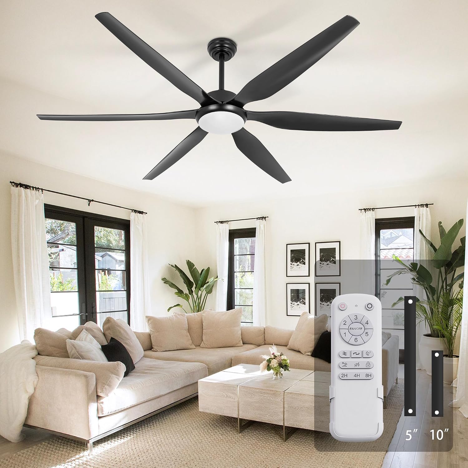 65 Inch Ceiling Fan with Lights and Remote,6 Blades,Reversible,6 Speed Noiseless DC Motor,Large Ceiling Fan Black for Indoor Outdoor Bedroom/Patios/Farmhouse